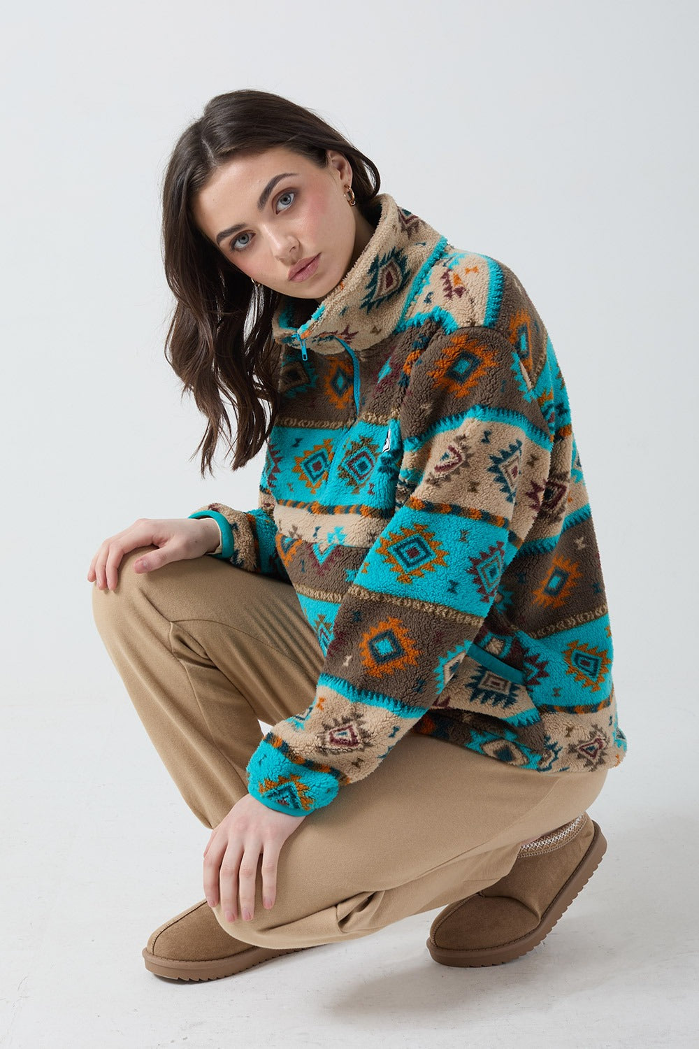 Polly Half Zip Printed Fleece in Aqua Aztec