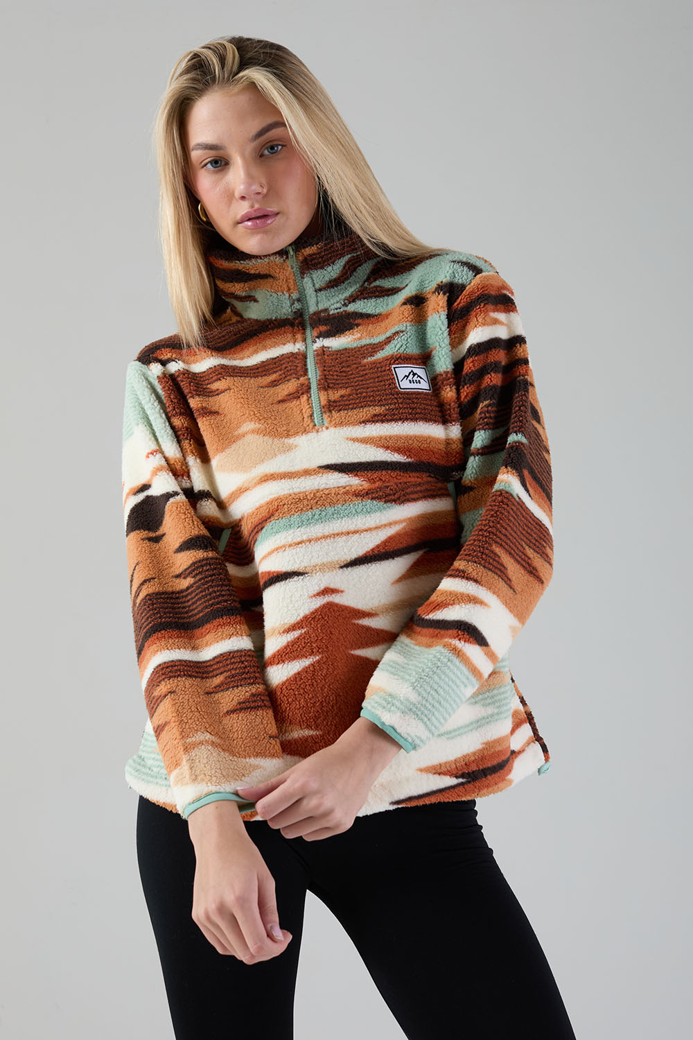 Polly Half Zip Printed Fleece in Beige Aztec