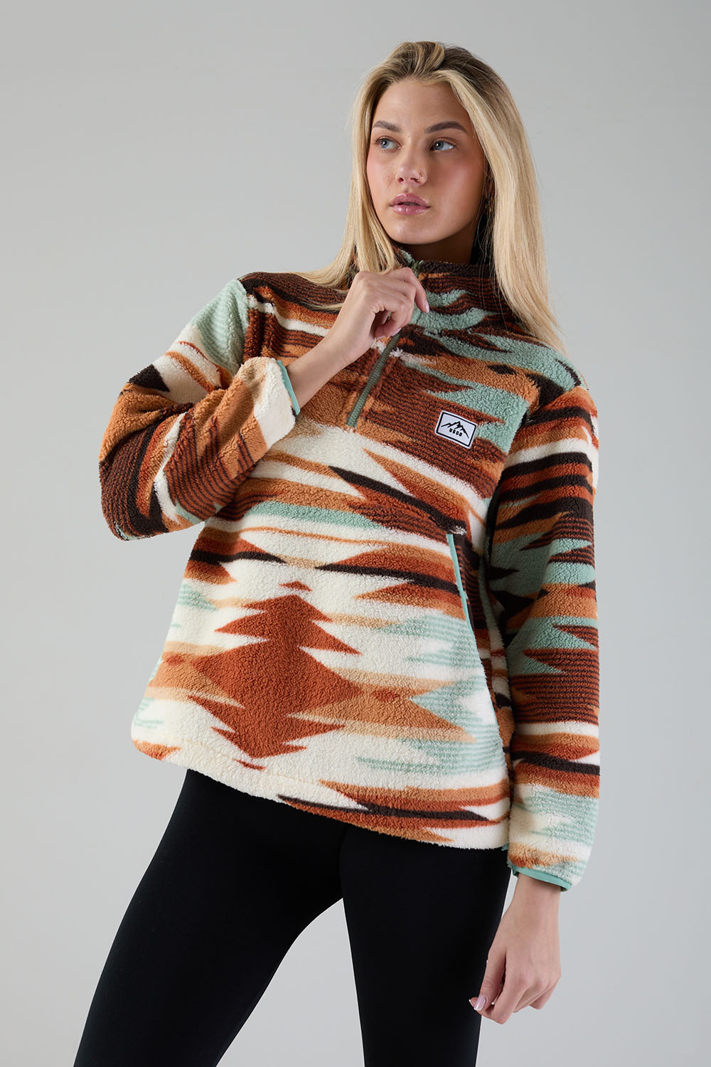 Polly Half Zip Printed Fleece in Beige Aztec