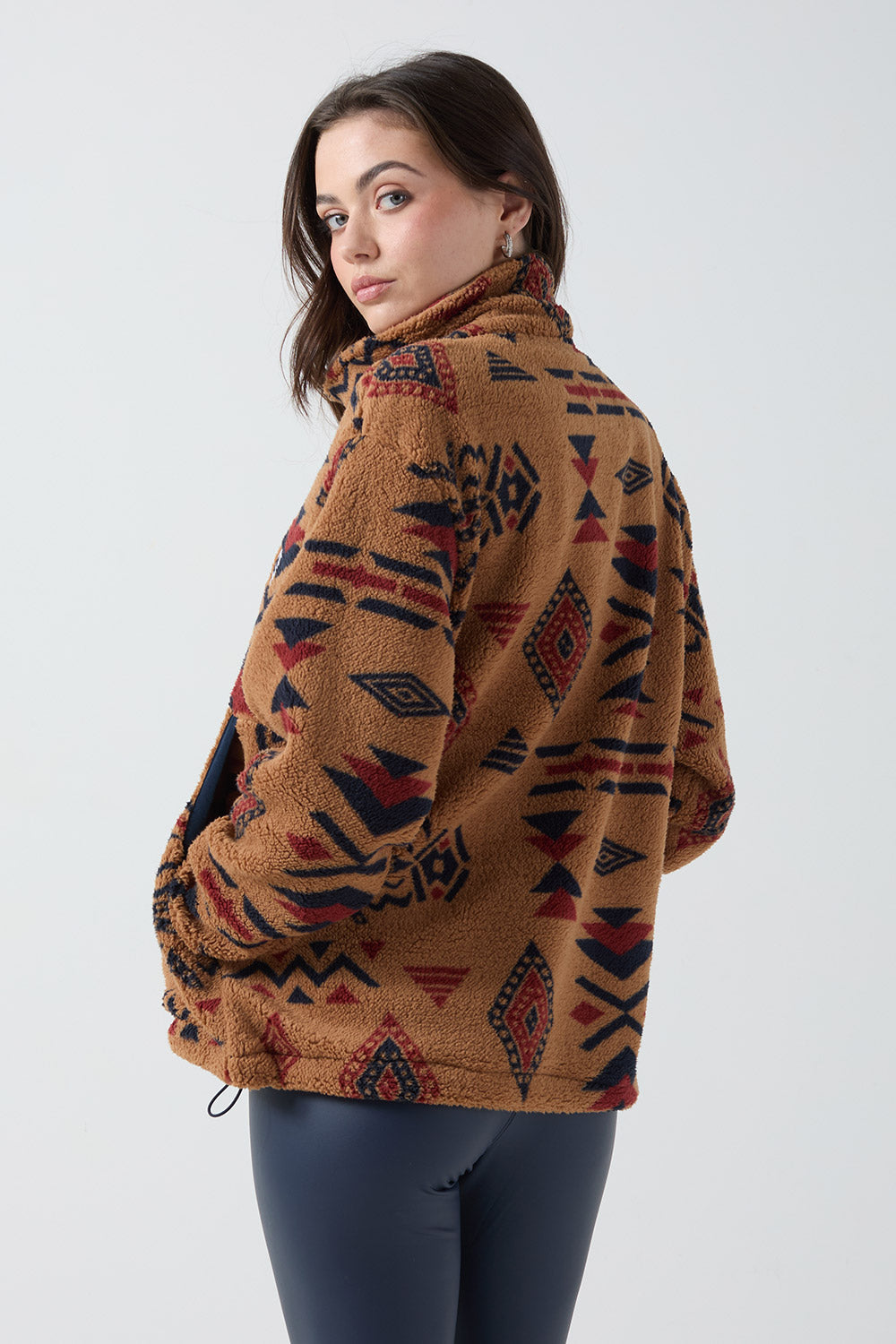 Polly Half Zip Printed Fleece - Brown Aztec