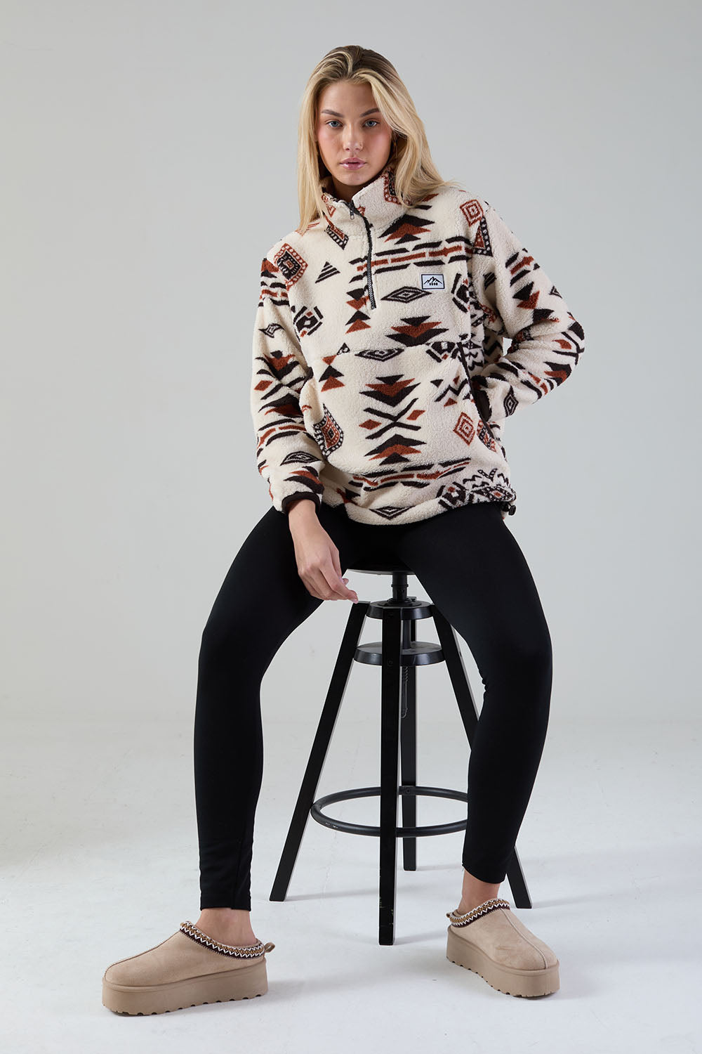 Polly Half Zip Printed Fleece in Brown Aztec