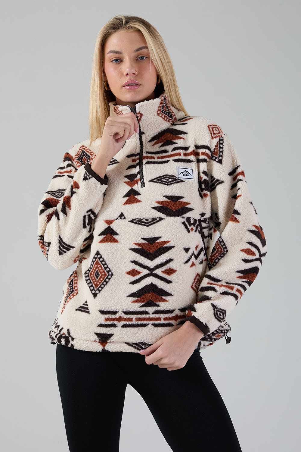 Polly Half Zip Printed Fleece in Brown Aztec