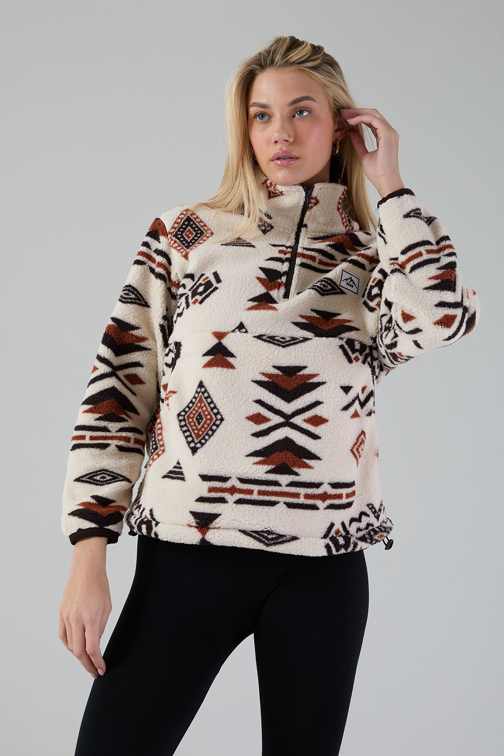 Polly Half Zip Printed Fleece in Brown Aztec