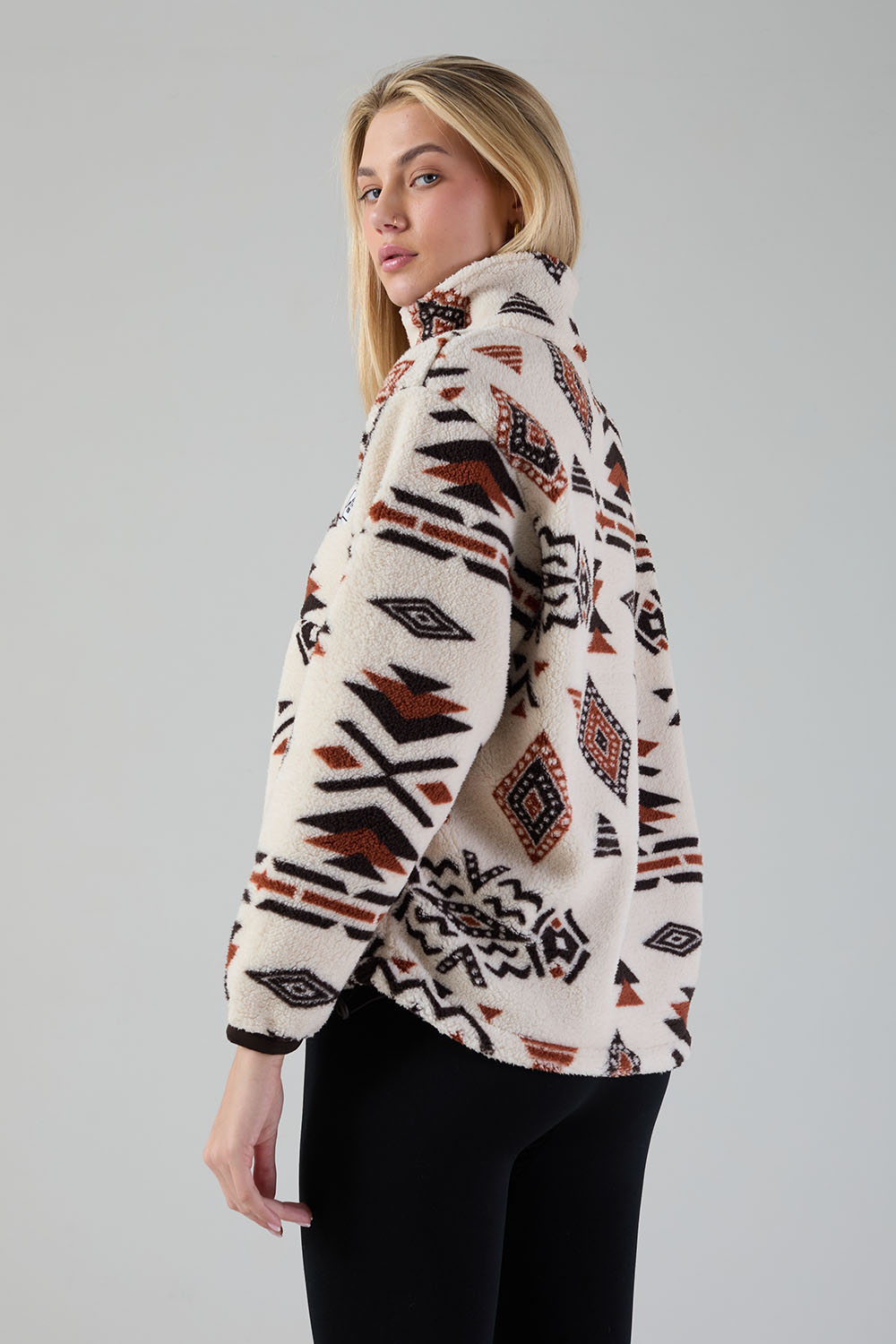 Polly Half Zip Printed Fleece in Brown Aztec