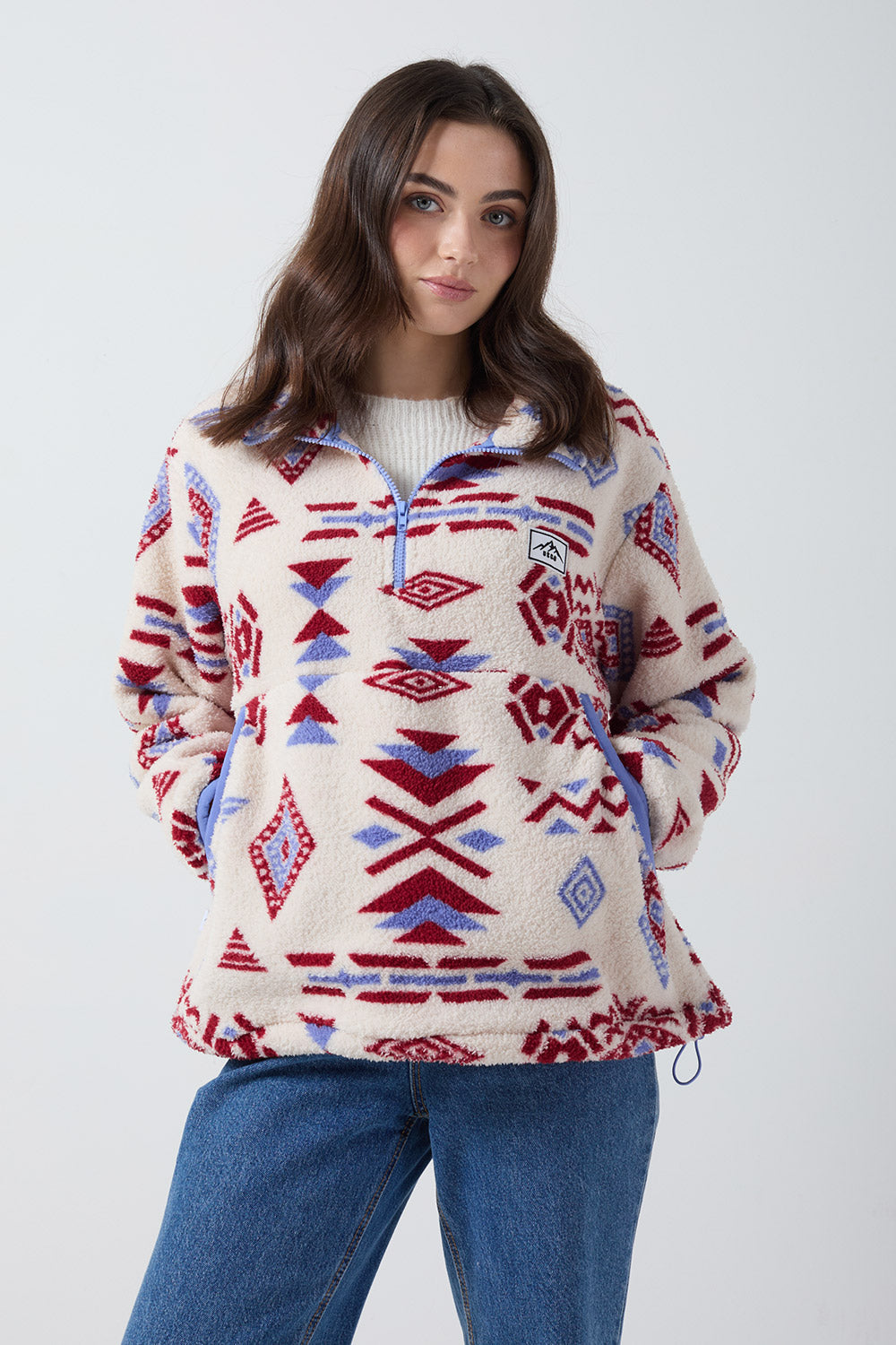 Polly Half Zip Printed Fleece In Pink Aztec