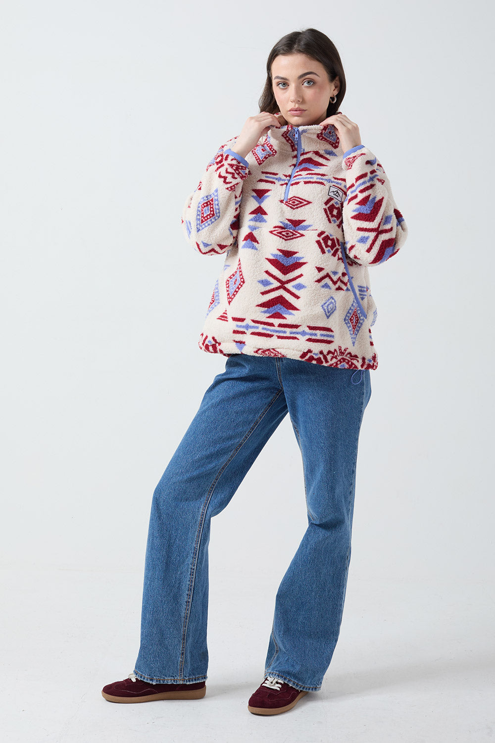 Polly Half Zip Printed Fleece In Pink Aztec