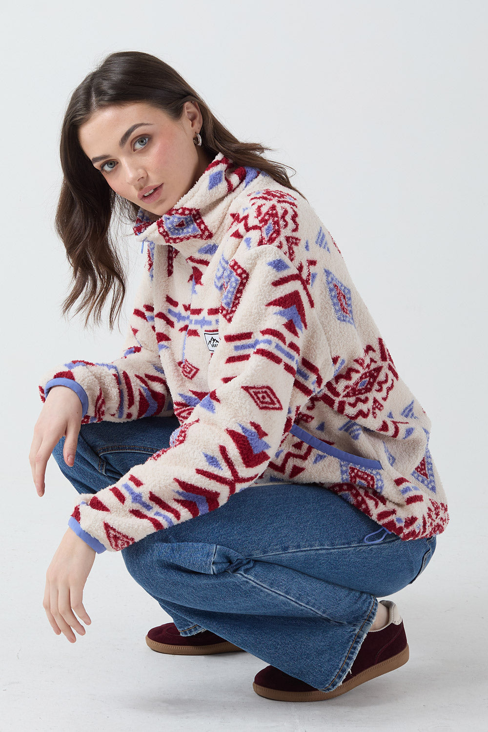 Polly Half Zip Printed Fleece In Pink Aztec