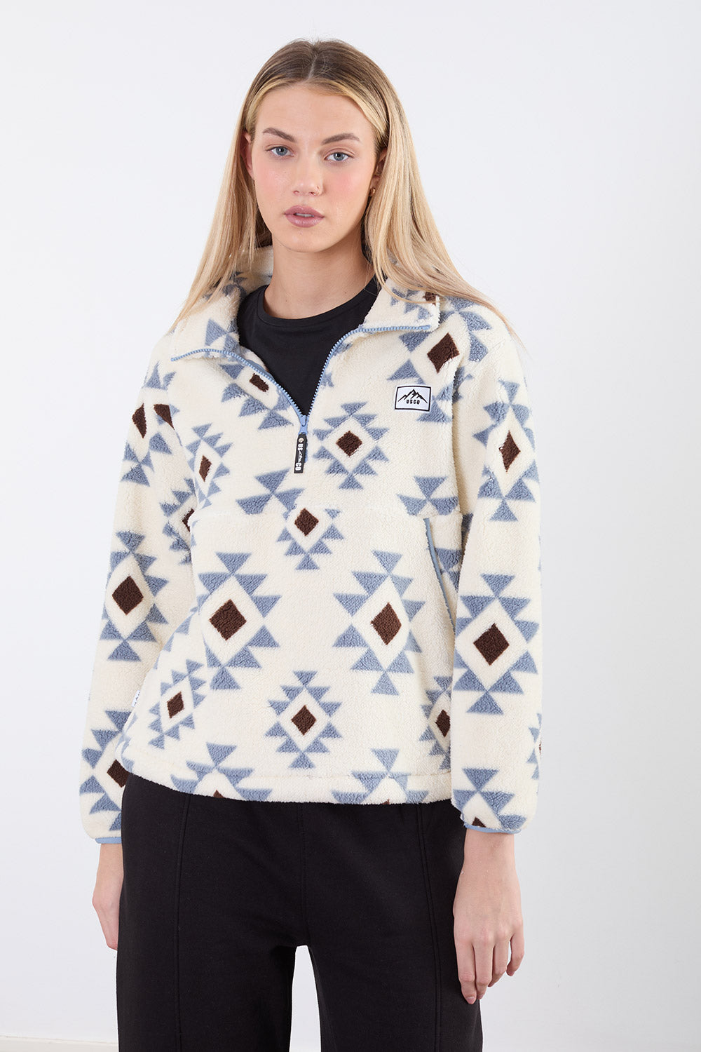 Polly Half Zip Printed Fleece In White Geo