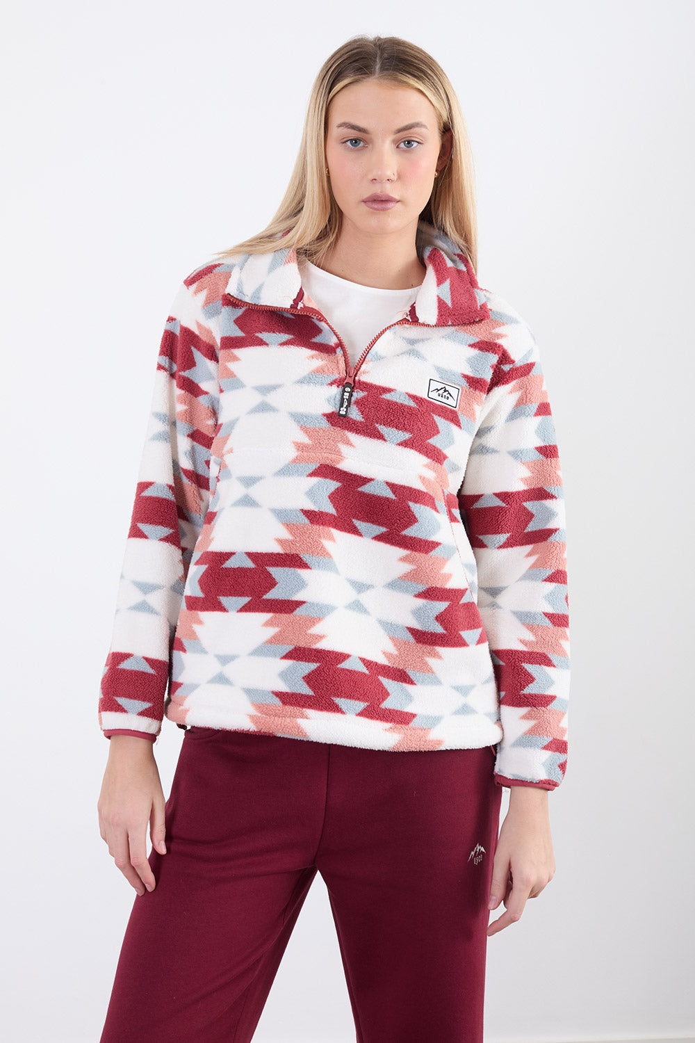 POLLY HALF ZIP PRINTED FLEECE IN WINE ABSTRACT