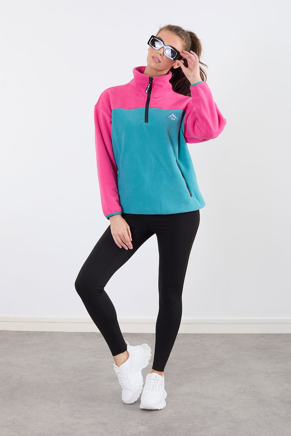 Leah Contrast Half Zip Fleece in Fuschia Teal