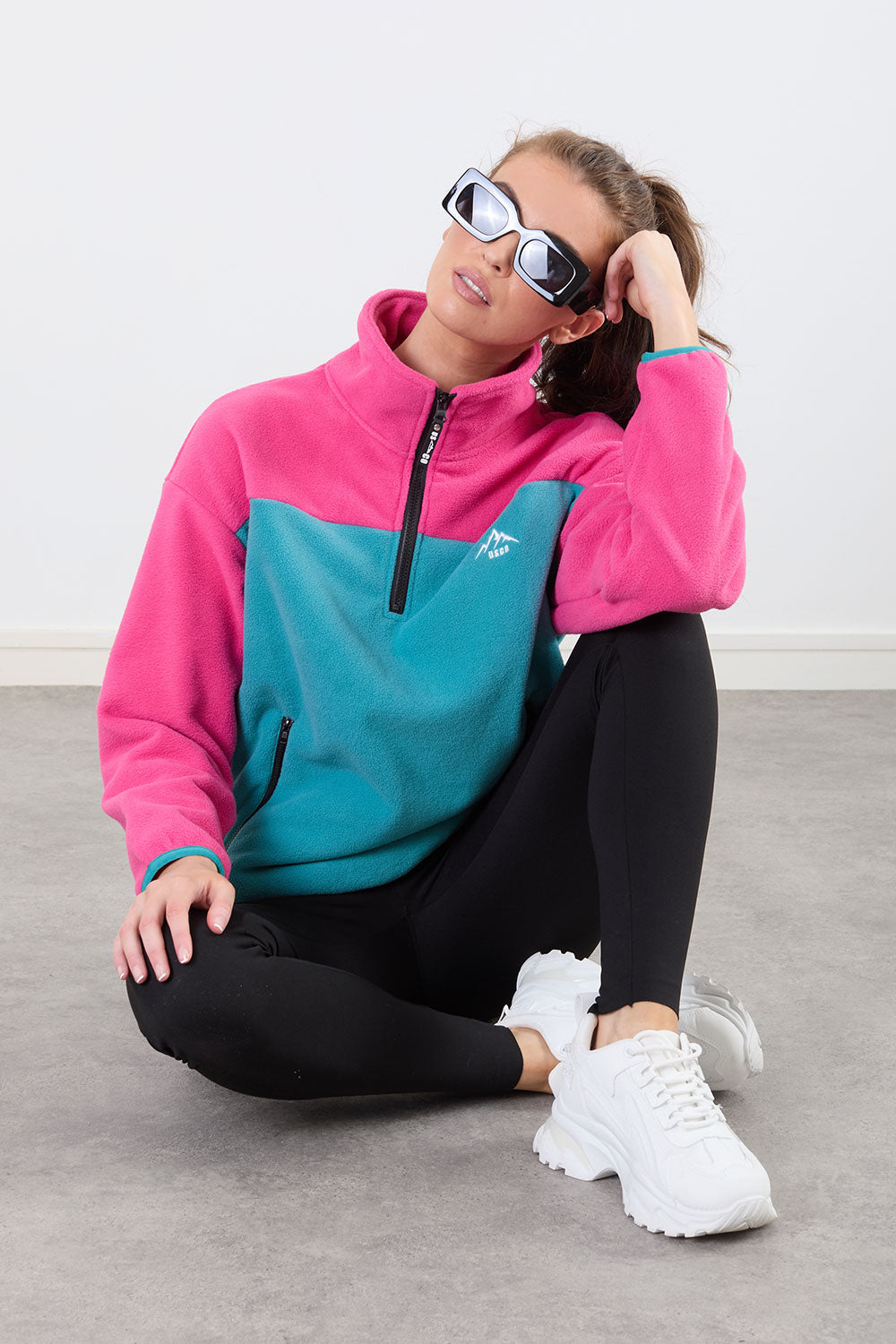 Leah Contrast Half Zip Fleece in Fuschia Teal
