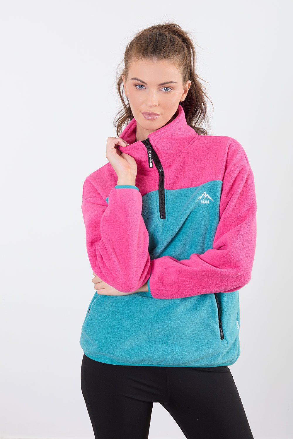 Leah Contrast Half Zip Fleece in Fuschia Teal