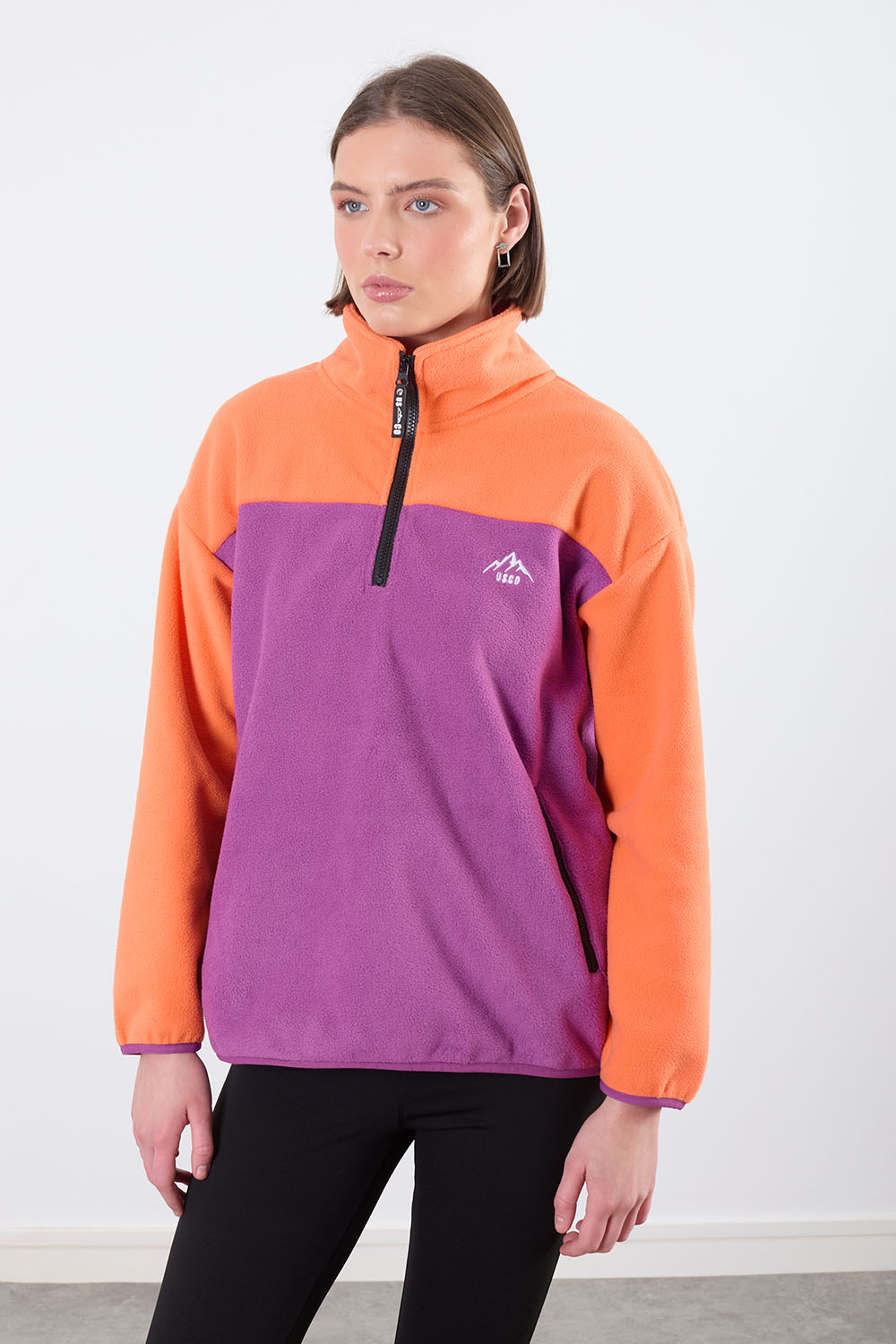 Leah Contrast Half Zip Fleece in Orange Purple