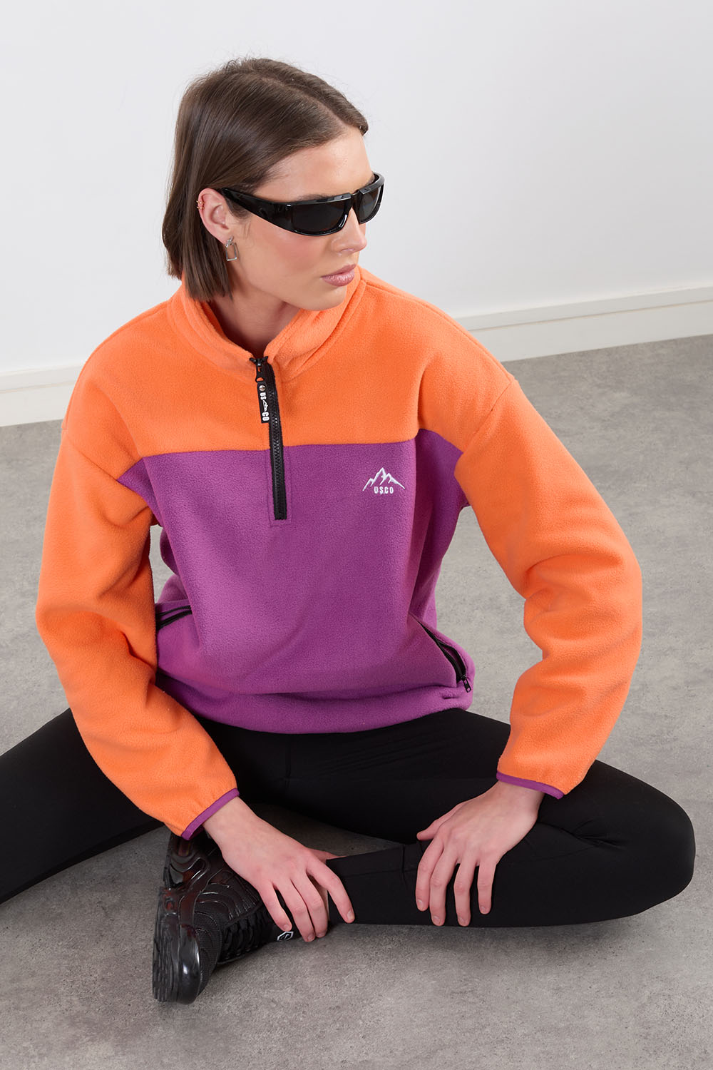 Leah Contrast Half Zip Fleece in Orange Purple
