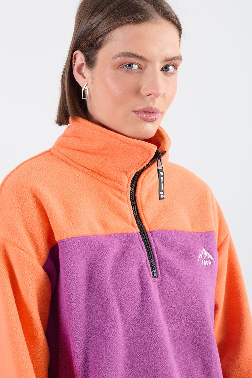 Leah Contrast Half Zip Fleece in Orange Purple