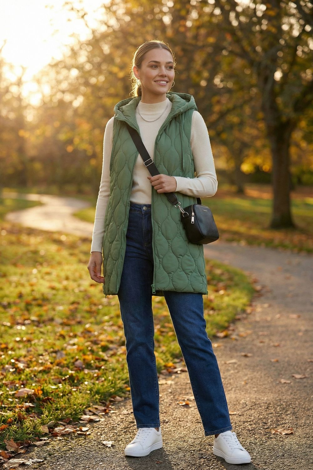 Julia Quilted Hood Gilet in Green