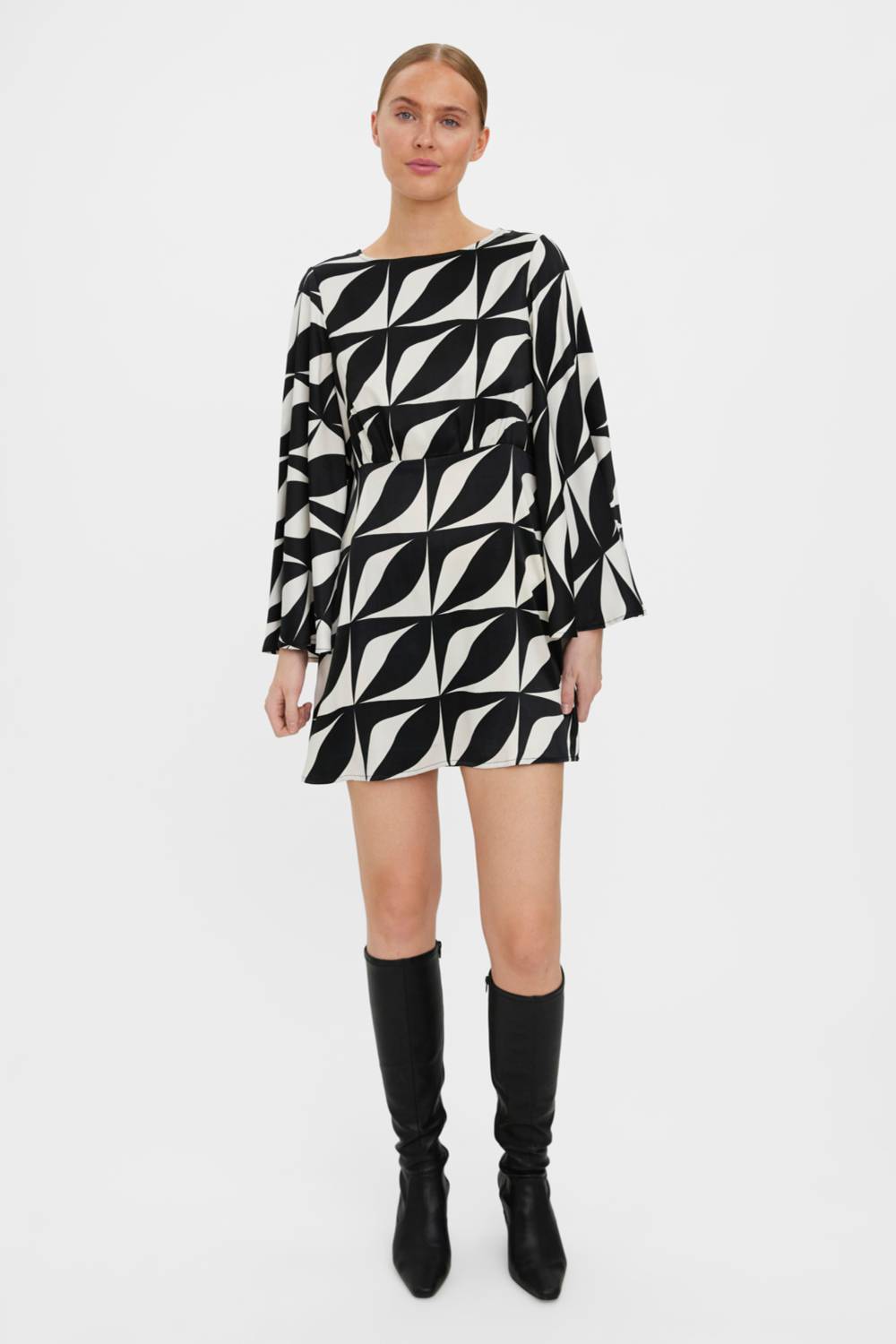 Kypra Bell Sleeve Printed Mini Dress in Black