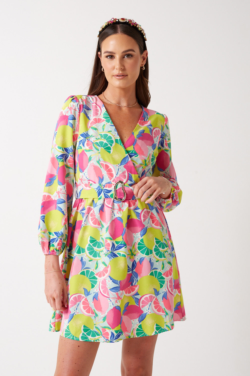Viva Fruit Print Short Dress in Lime