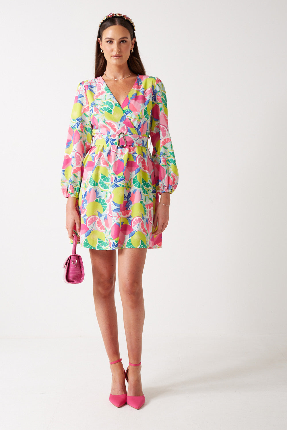 Viva Fruit Print Short Dress in Lime