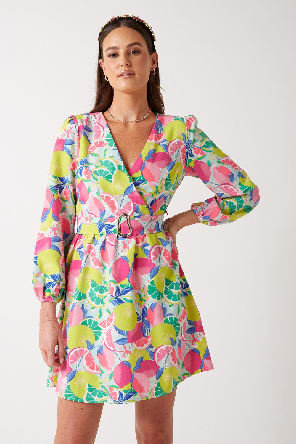 Viva Fruit Print Short Dress in Lime