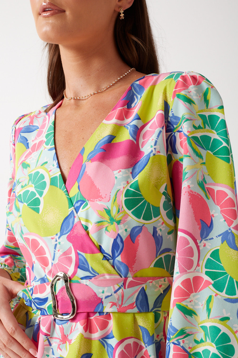 Viva Fruit Print Short Dress in Lime