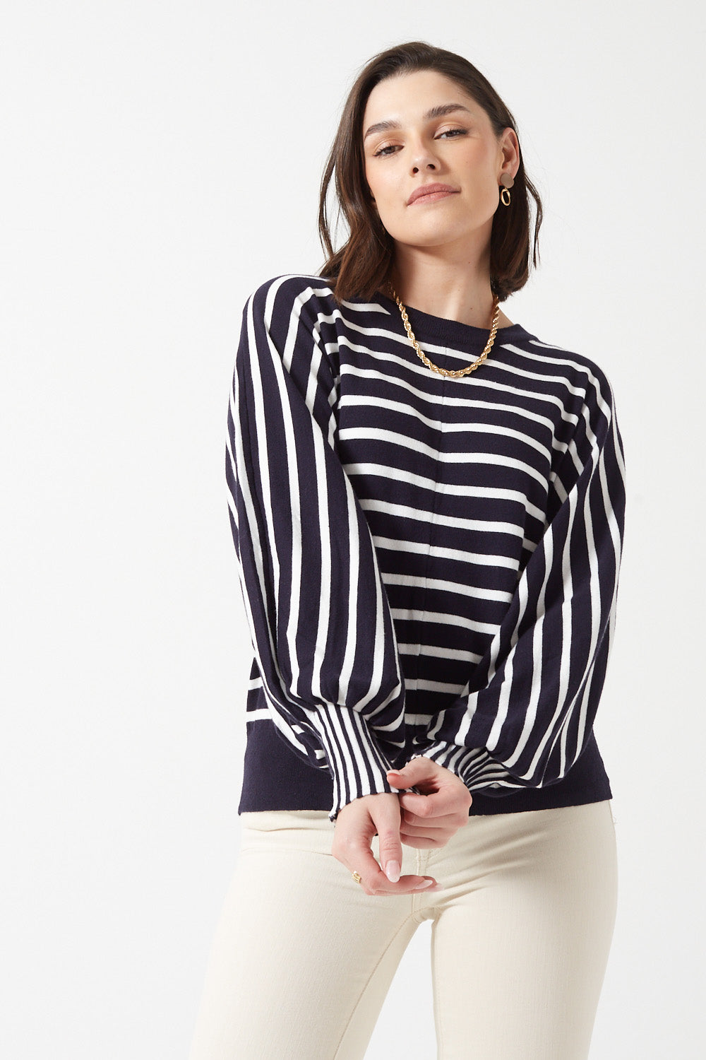 Lilian Striped Puff Sleeves Jumper in Navy