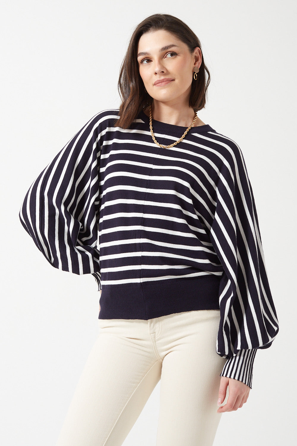 Lilian Striped Puff Sleeves Jumper in Navy