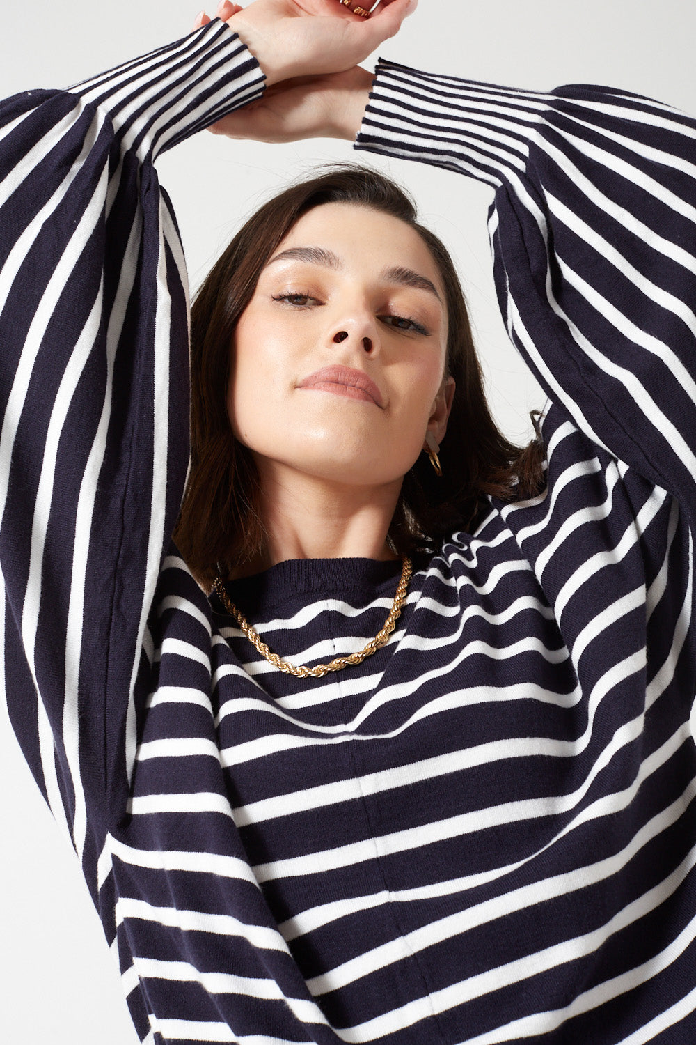 Lilian Striped Puff Sleeves Jumper in Navy