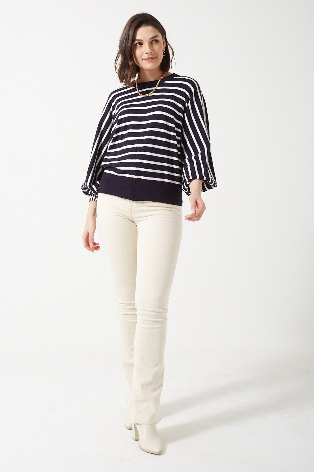 Lilian Striped Puff Sleeves Jumper in Navy