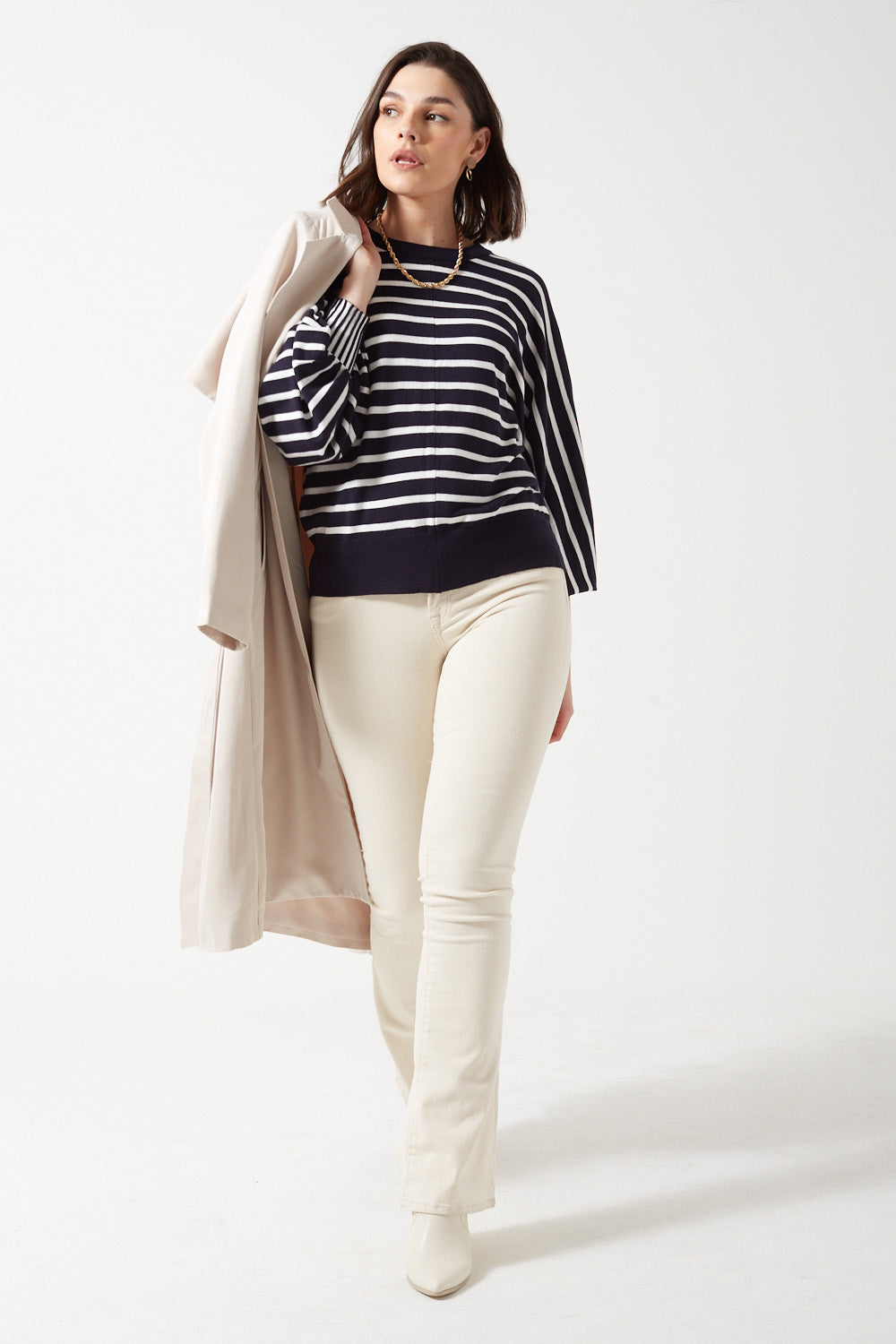 Lilian Striped Puff Sleeves Jumper in Navy