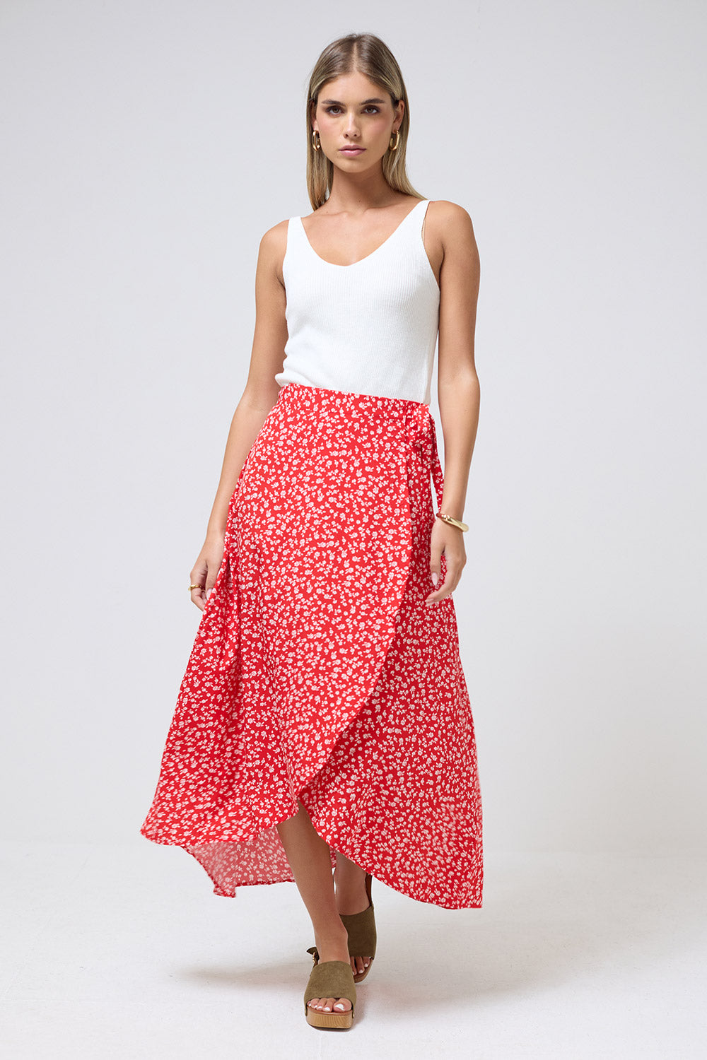 Eliza Floral Printed Maxi Skirt in Red