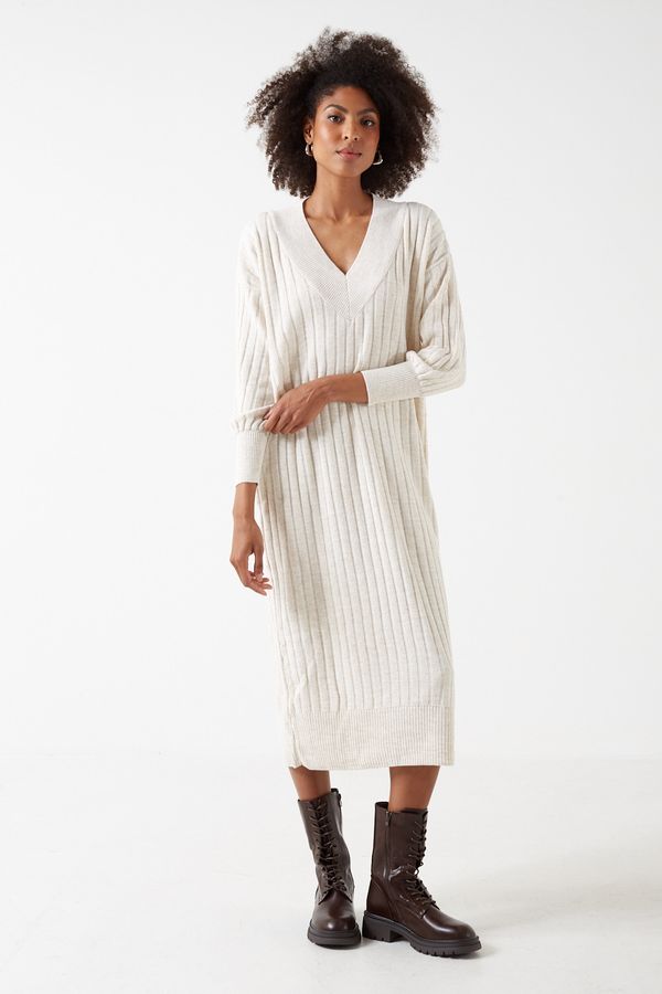 V Knit iCLOTHING L/S Only New Tessa Dress Beige - Midi iCLOTHING | in