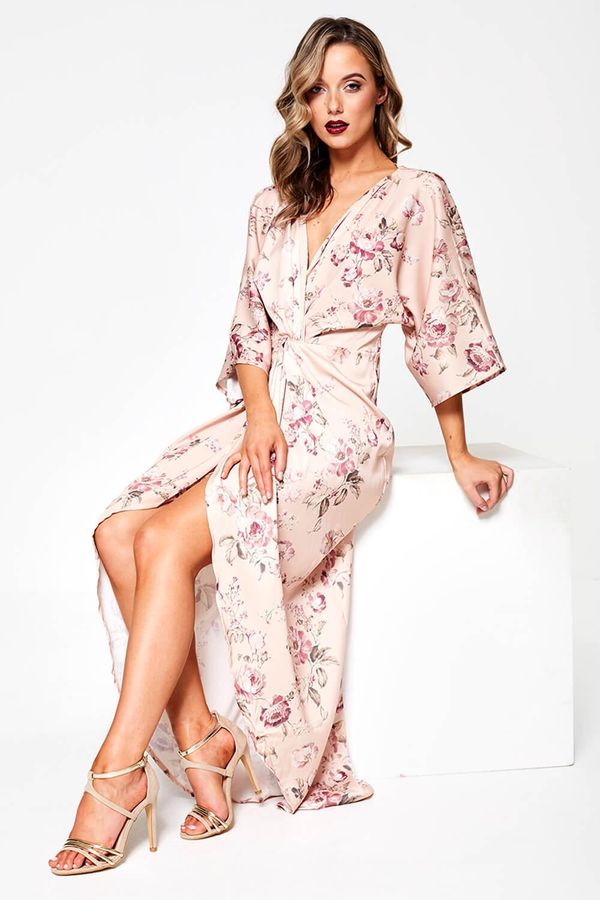 Hope and Ivy Kenza Floral Print Wrap Dress in Blush | iCLOTHING - iCLOTHING