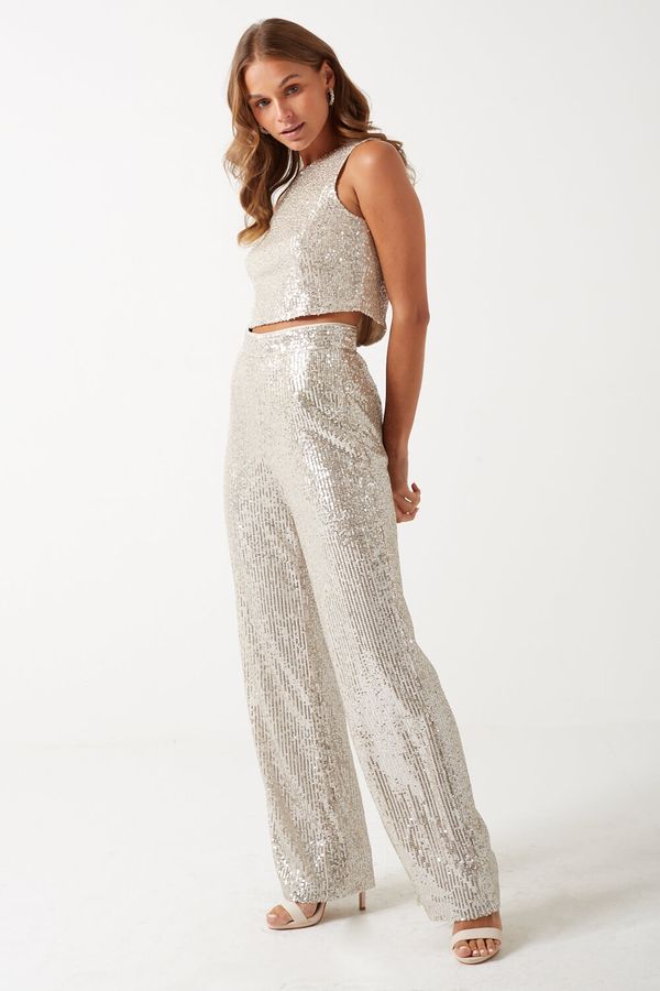 Marc Angelo Chloe High Waist Sequin Trousers in Champagne