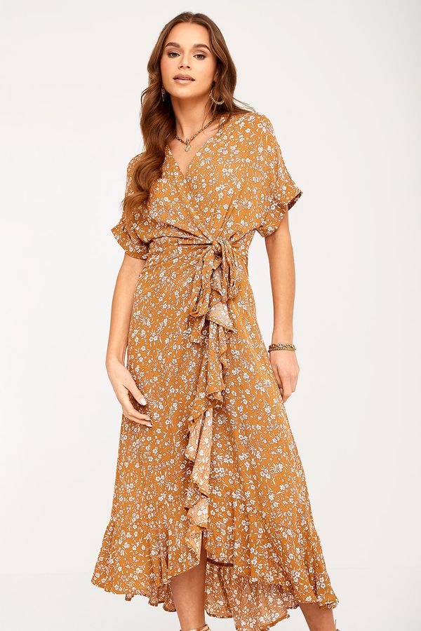 Stella Ria Floral Print Wrap Dress in Mustard | iCLOTHING - iCLOTHING
