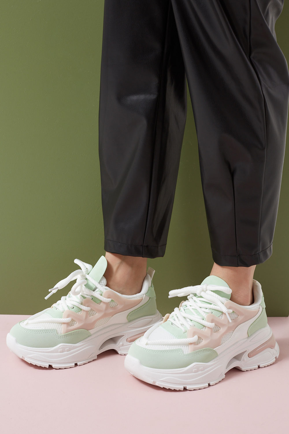 Bella Chunky Trainers Pink Details in Mint Green