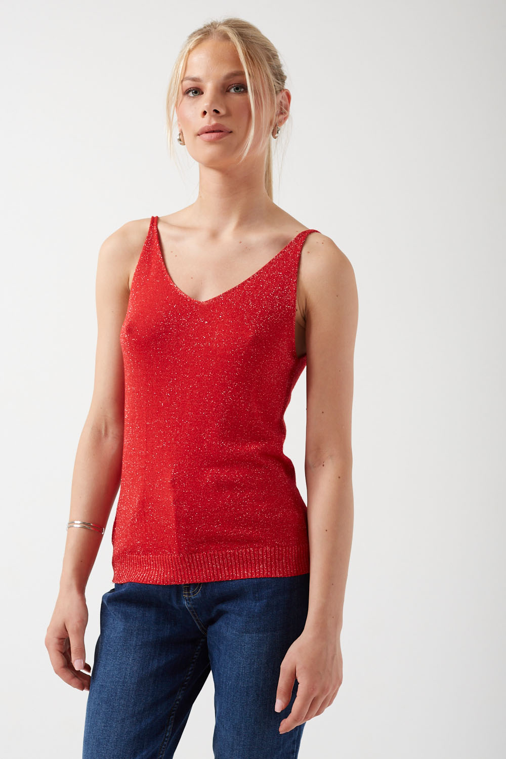 Amanda Strappy Lurex Knit Tank Top in Red