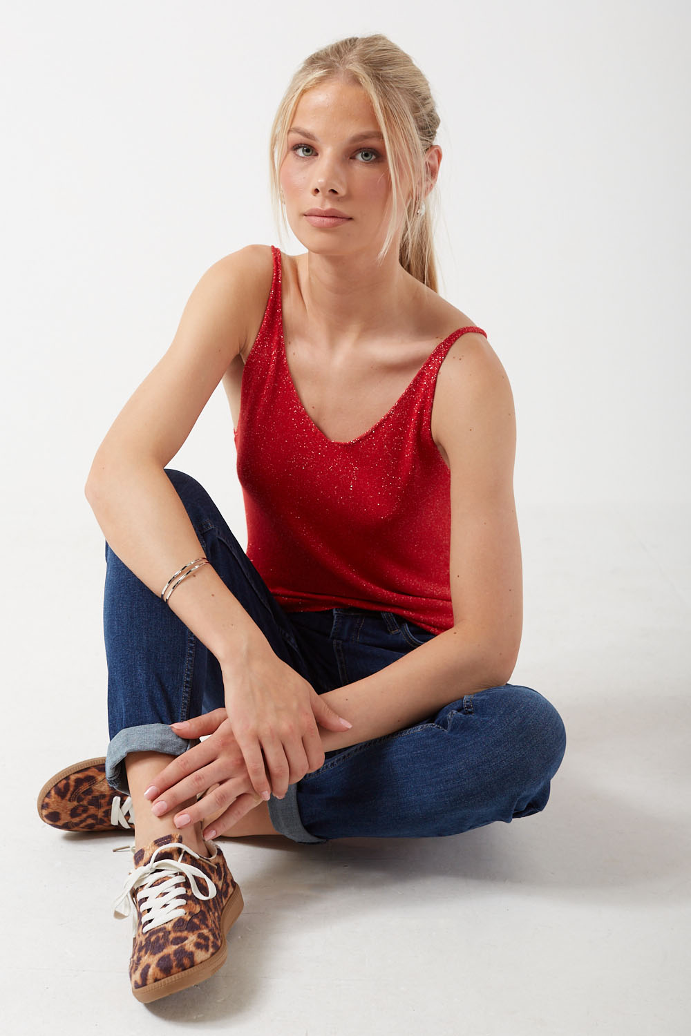 Amanda Strappy Lurex Knit Tank Top in Red