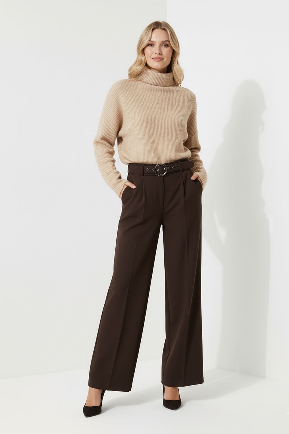 Maggie Stretch Wide Leg Belt Trouser in Chocolate