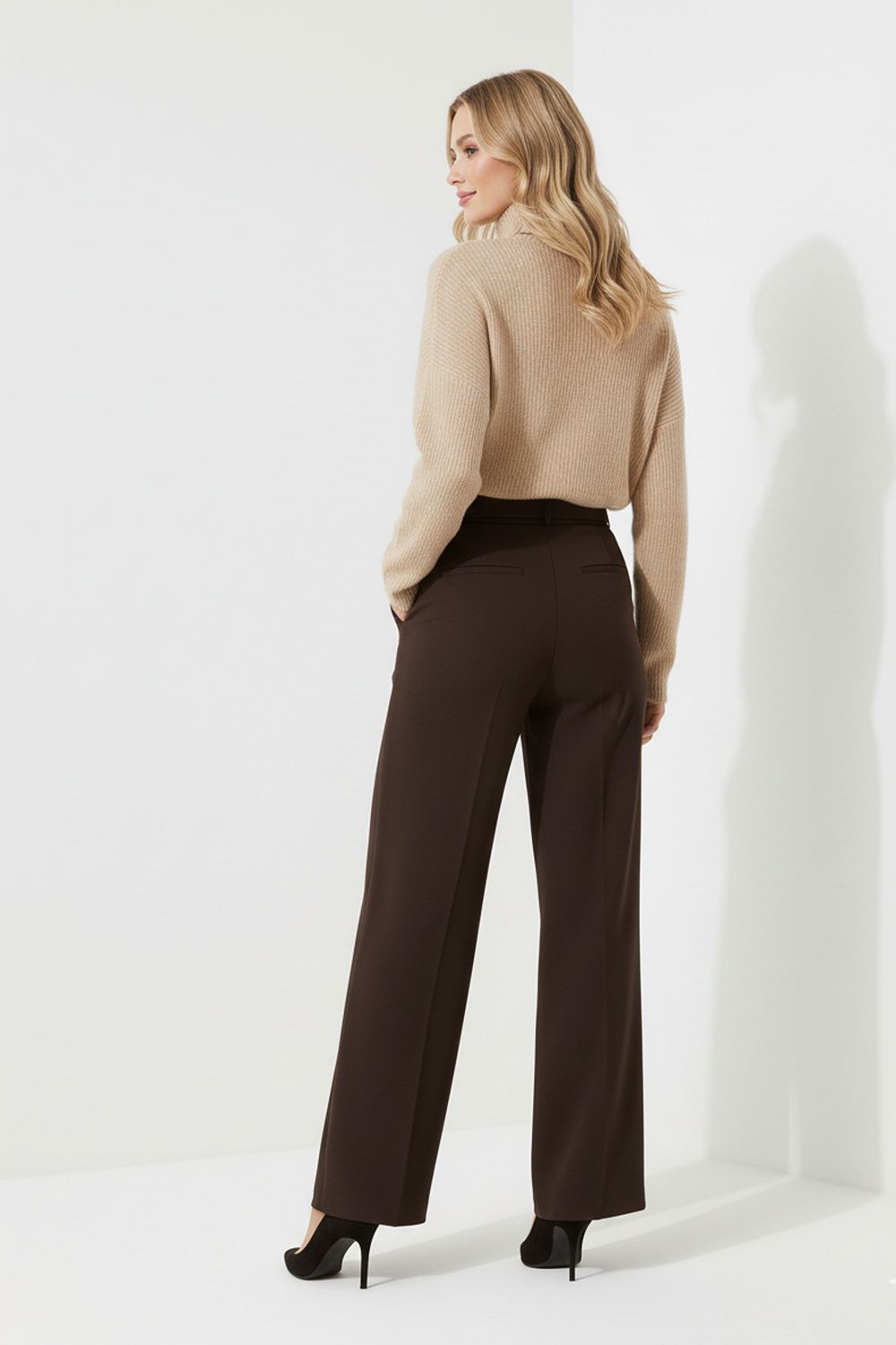 Maggie Stretch Wide Leg Belt Trouser in Chocolate