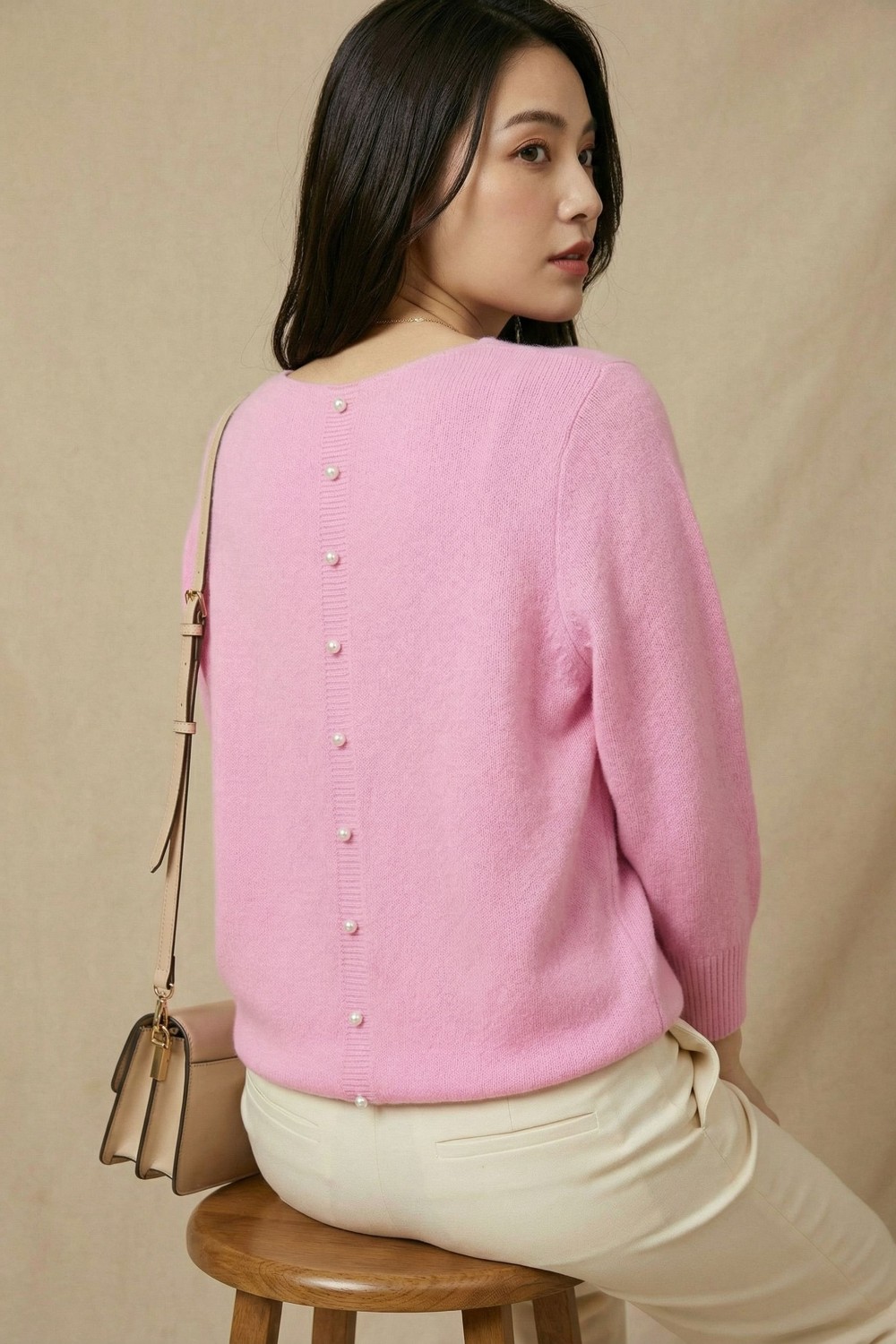 Pearl Detail Soft Knit Top in Baby Pink
