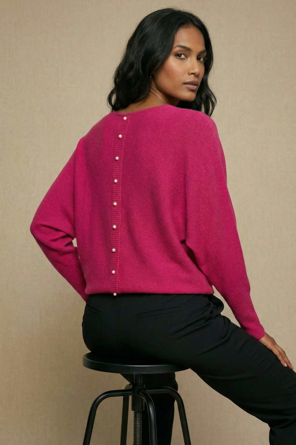 Pearl Detail Soft Knit Top in Cerise