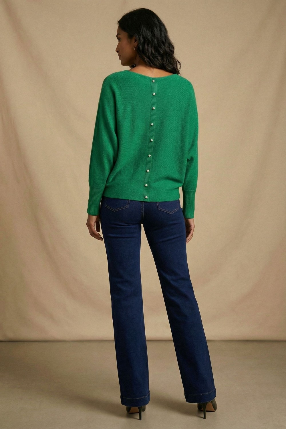 Pearl Detail Soft Knit Top in Green