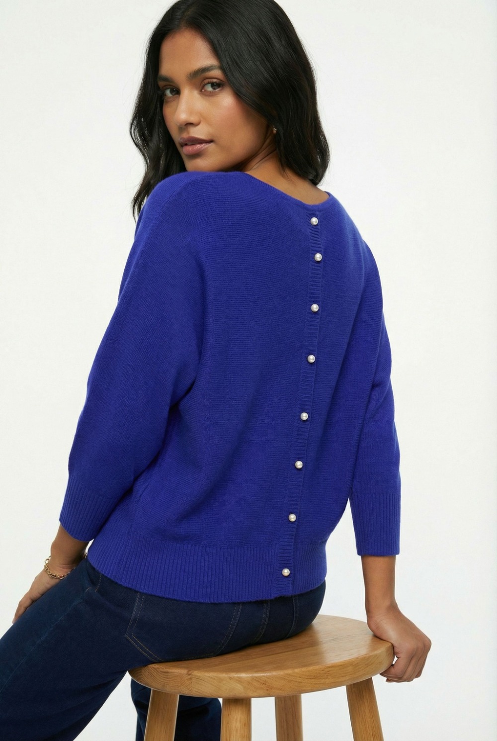 Pearl Detail Soft Knit Top in Royal Blue