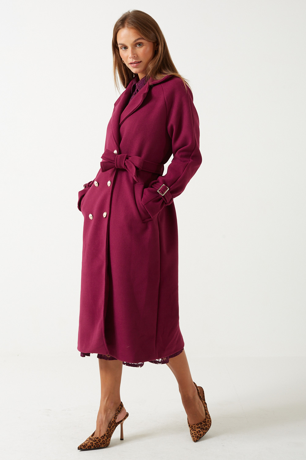 Angela Long Belted Coat in Burgundy