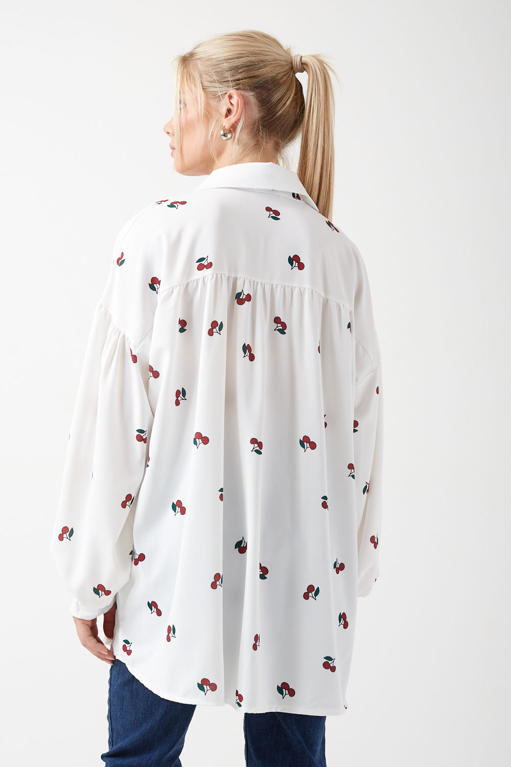 Suzanne Cherry Print Oversized Shirt in White