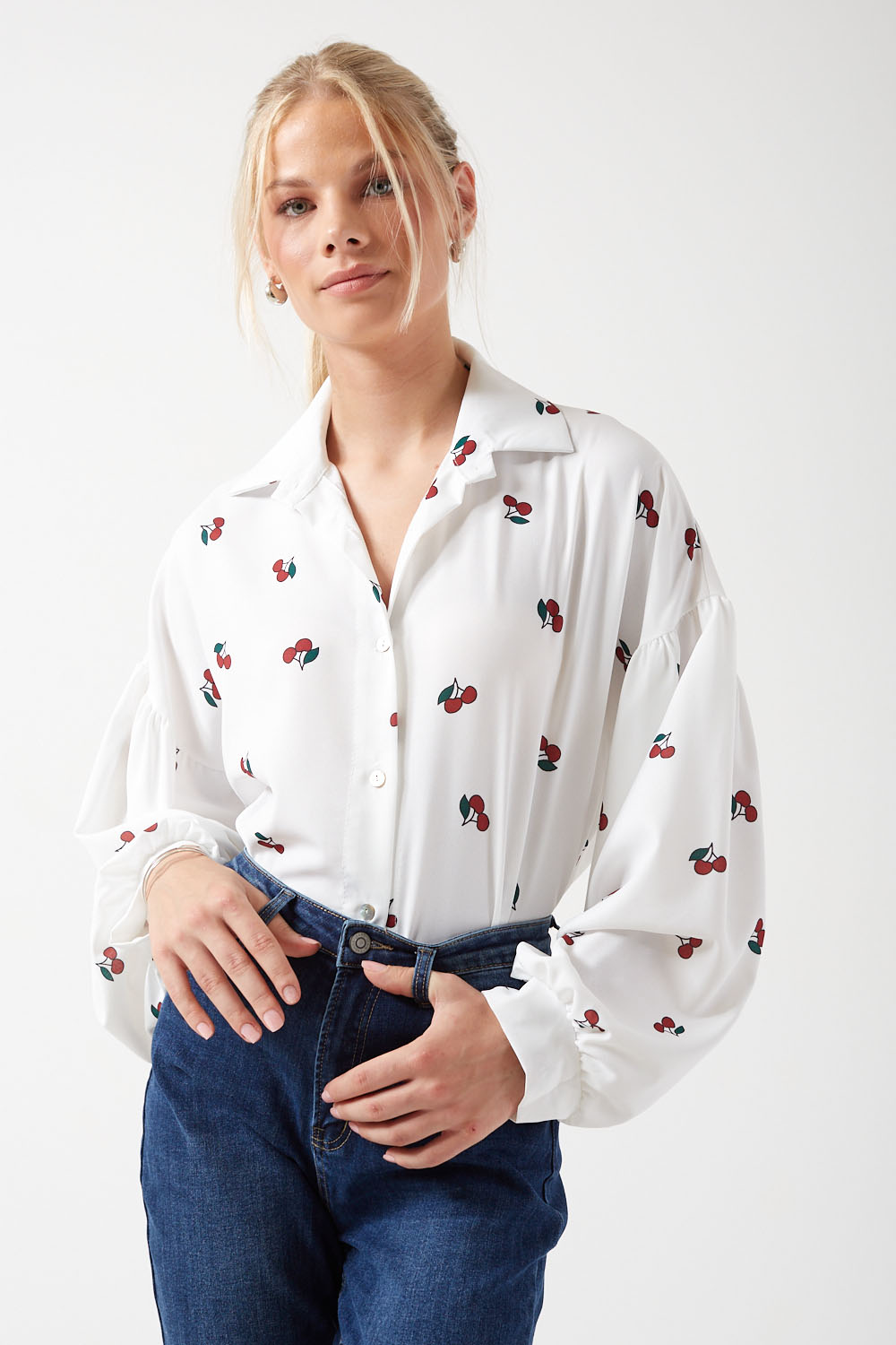 Suzanne Cherry Print Oversized Shirt in White