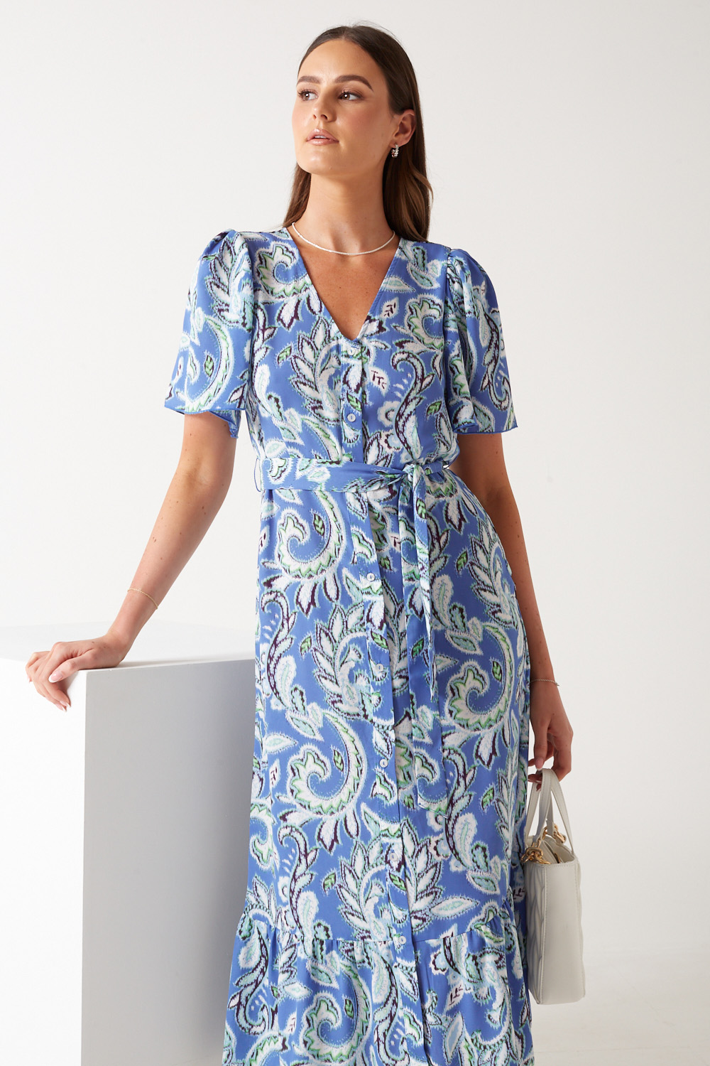 Alma Printed Midi Dress in Blue