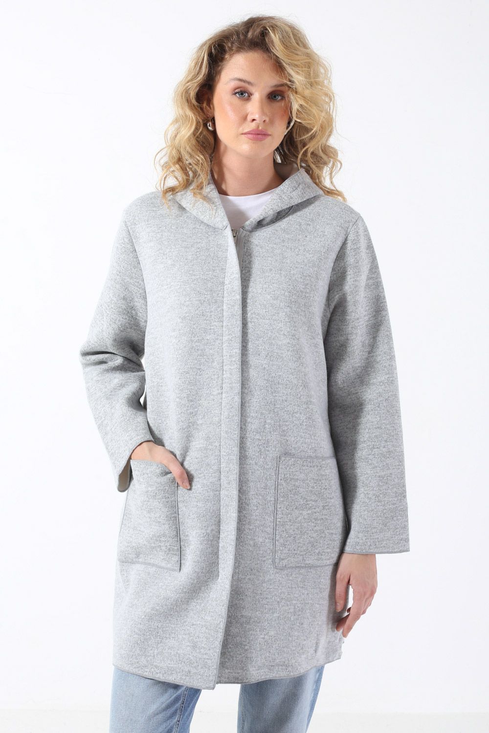 Lana Hood Midi Coat in Light Grey