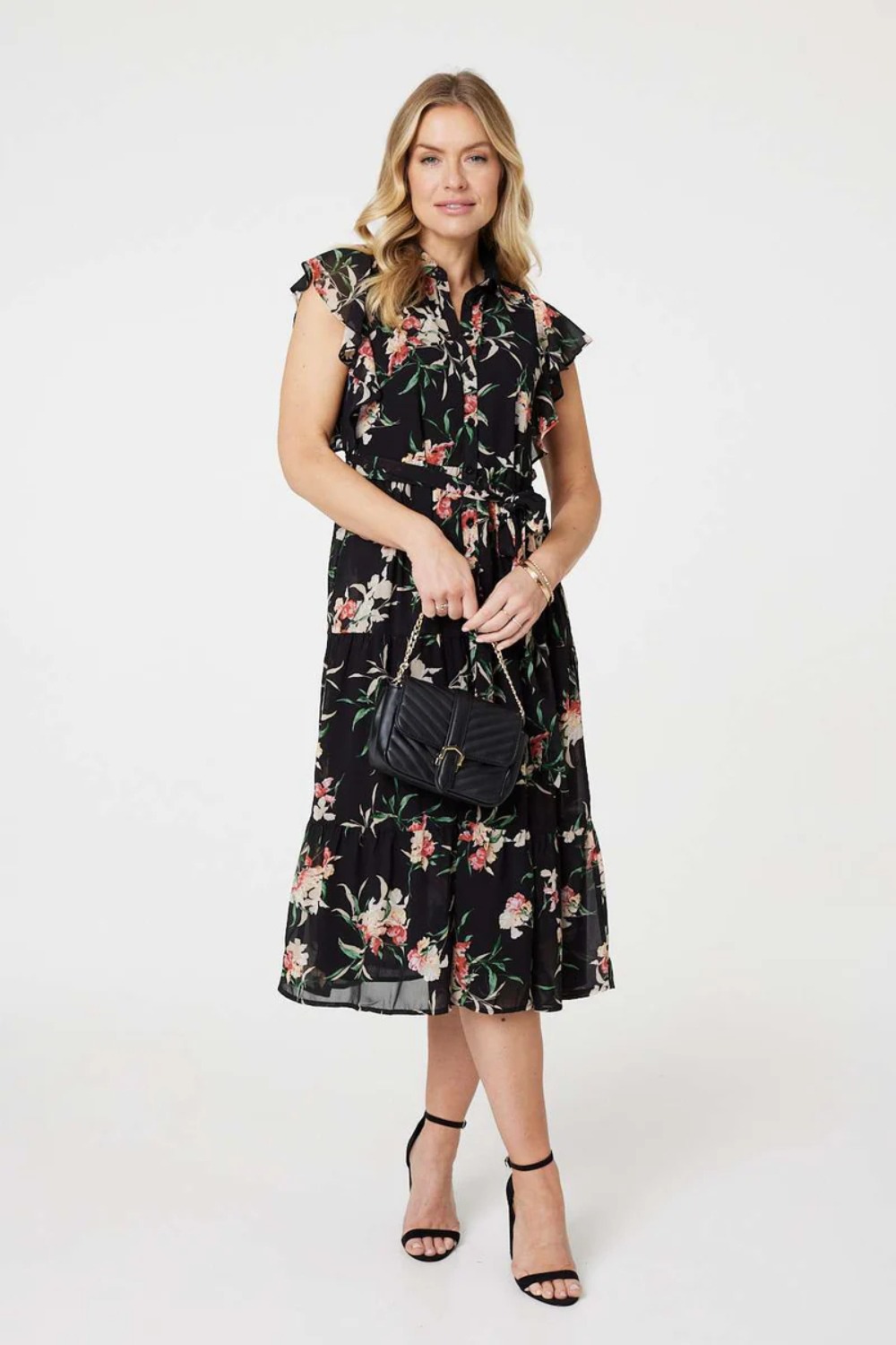 Floral Angel Sleeve Shirt Dress in Black